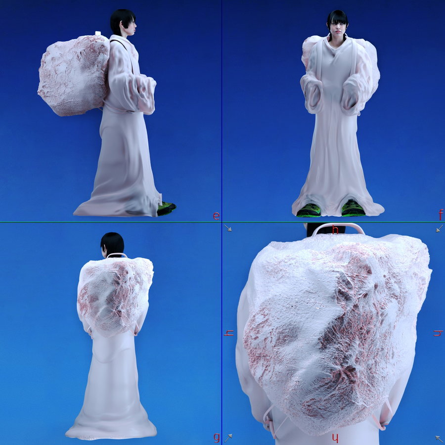 Digital re-creation of graphic artist Dorairolg in an amorphous white robe and backpack.