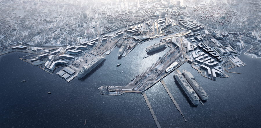 Aerial view of Zaha Hadid's revitalized Tallinn Port, set for completion in 2030.