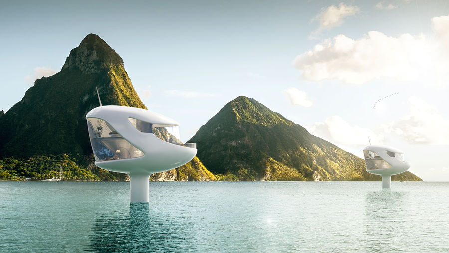 Ocean Builders' futuristic SeaPods rise above the oceans in a tropical setting.