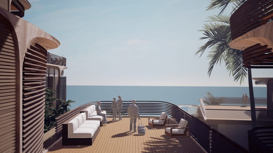 Luxurious balcony/terrace at Zaha Hadid Architects' Roatán Próspera residences offers some gorgeous views of the Caribbean. 