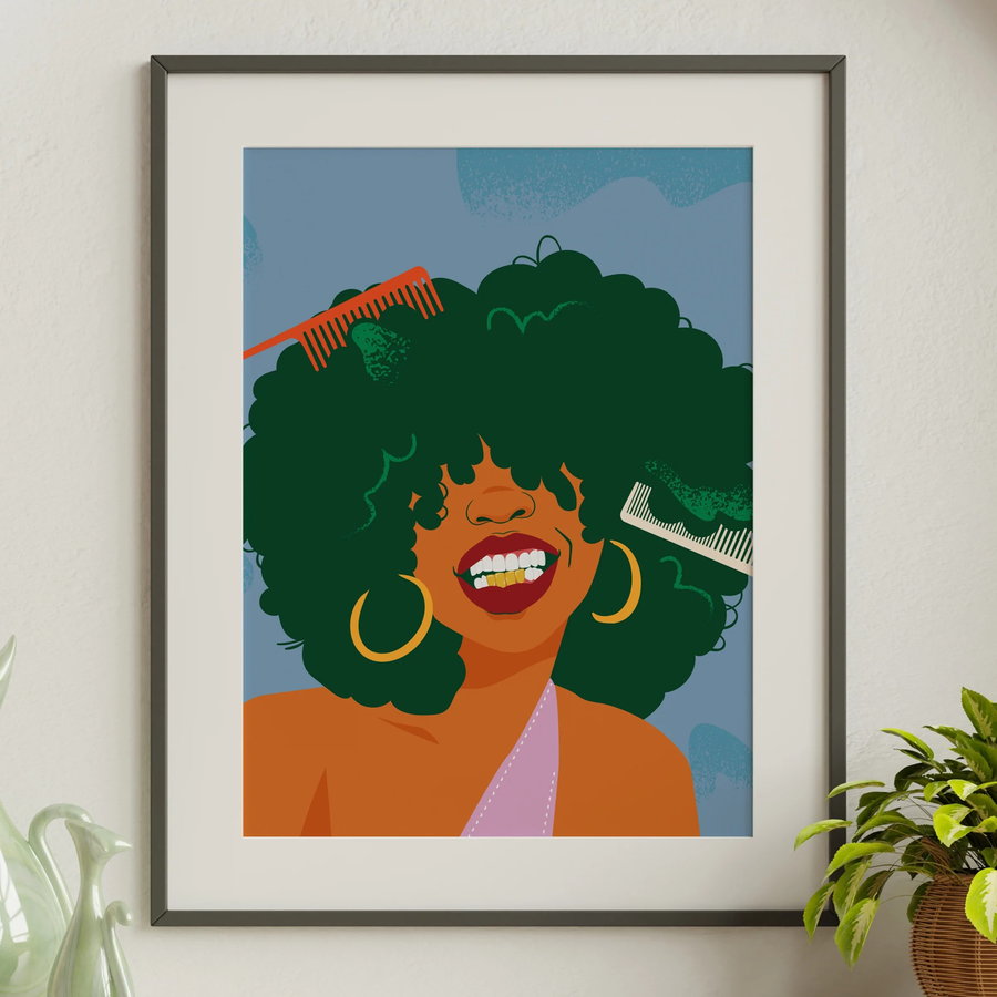 Vibrant portrait by Domonique Brown features a smiling Black woman wearing large hoop earrings and combs in her hair.