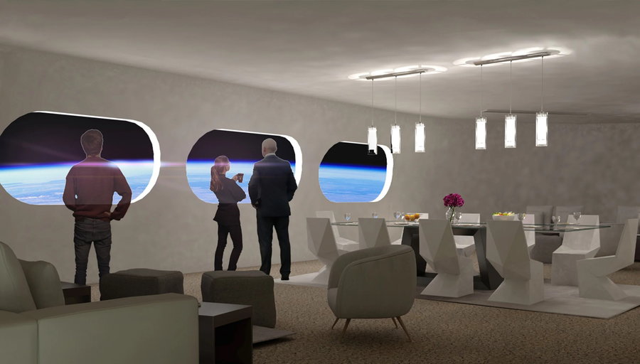 Sleek white dining room aboard Orbital Assembly's Voyager station space hotel.