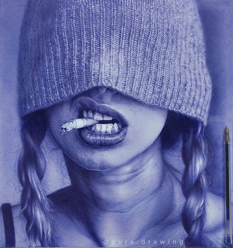 Photorealistic drawing of a woman holding a cigarette in her mouth by Paulus Architect, all done using a ballpoint pen. 