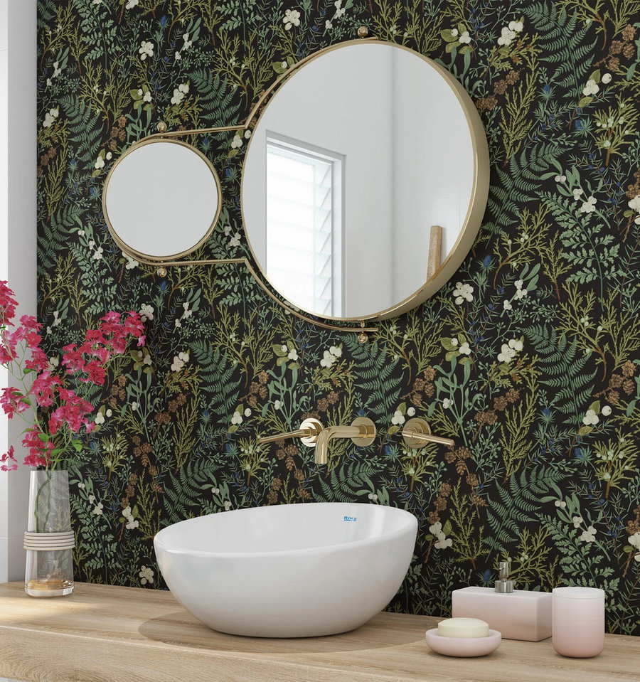 Dark botanical wallpaper print from Etsy seller Los Angeles Wallpaper brings a splash of style to this contemporary bathroom space.