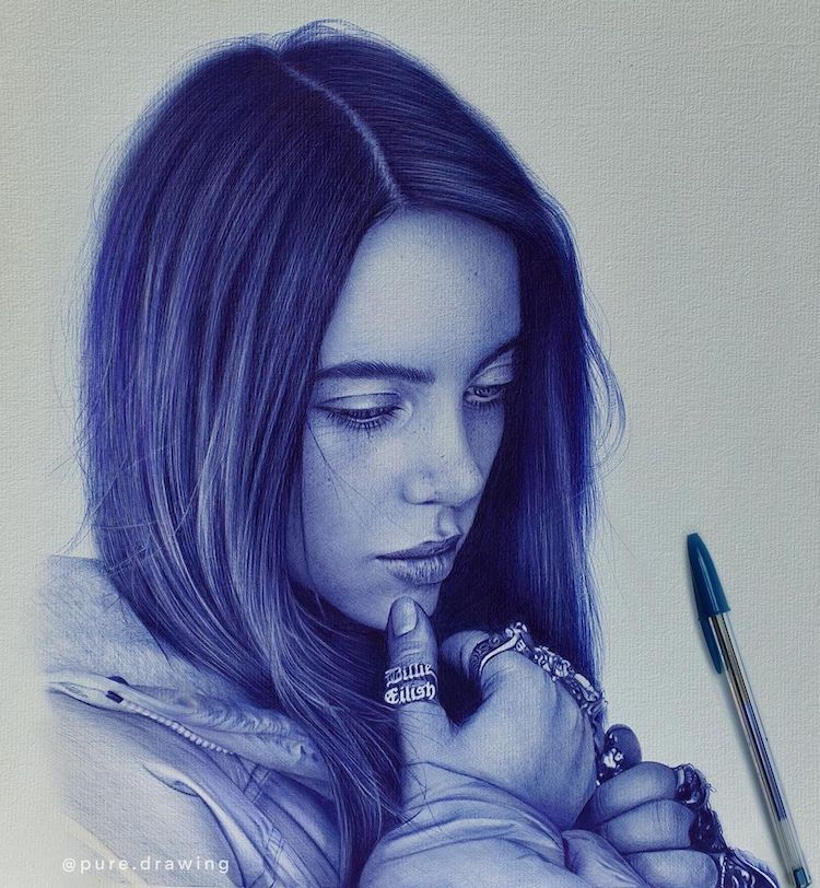 Photorealistic Billie Eilish drawing by Paulus Architect, all done using a ballpoint pen. 