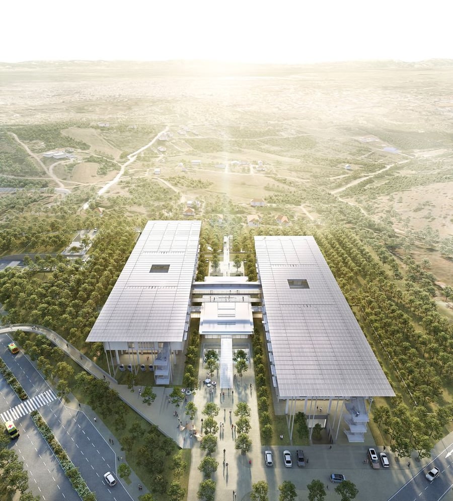Solar panels line the ceilings of Renzo Piano's nature-inspired hospitals in Greece.