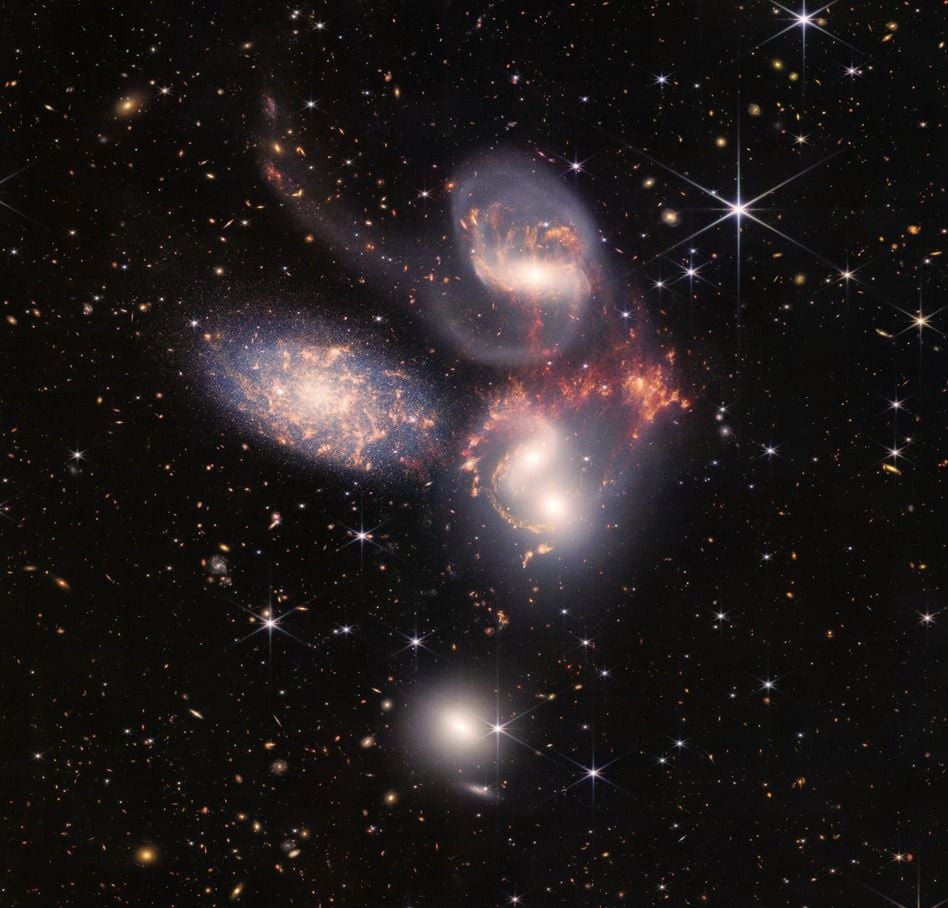 Five galaxies captured in one image by NASA's James Webb telescope.