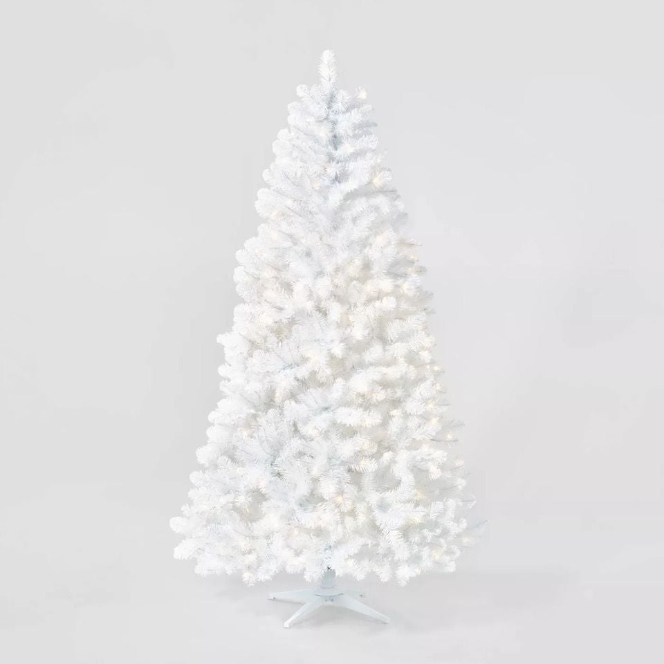 Seven-foot pre-lit white Alberta Spruce Christmas tree, currently on sale at Target.