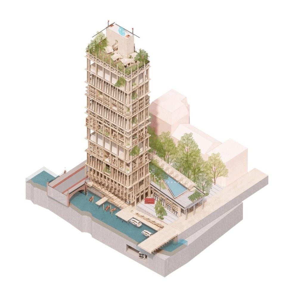 Graphic representation of the completed Regenerative High-Rise building.