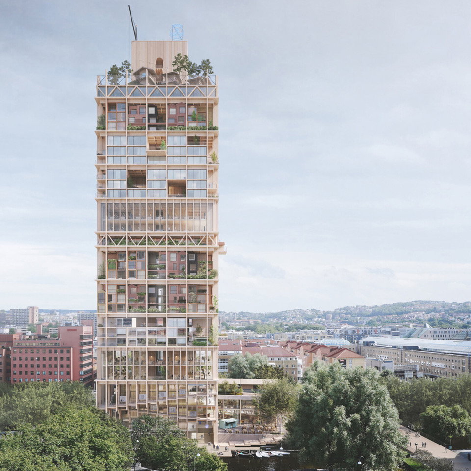 Exterior view of Oslo's Regenerative High-Rise, a timber tower made to adapt to changing needs.
