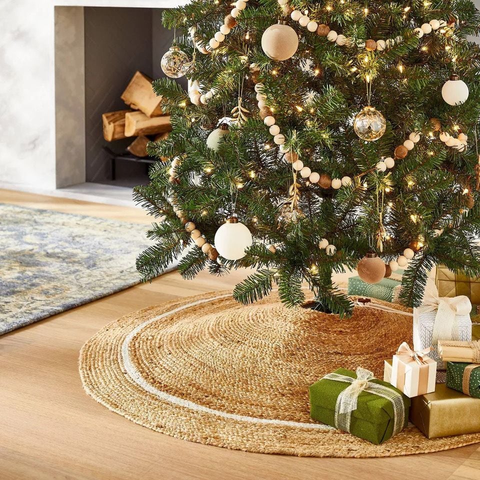 Woven tree skirt rug featured in Target's 2022 Threshold x Studio McGee holiday collection.