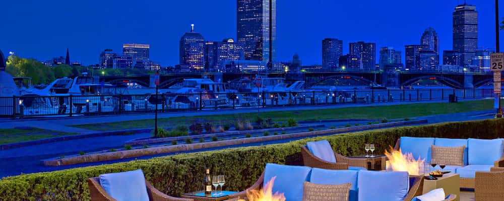 Outdoor patio overlooking Charles River and Boston