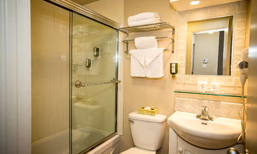 Standard room. Bathroom with bath and shower.