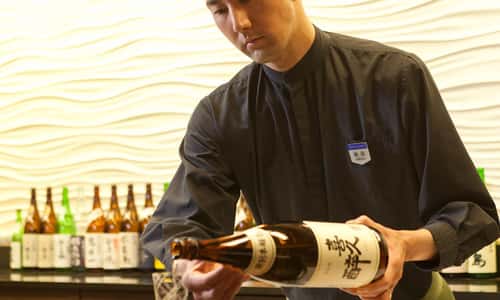 Sake bar, Amanogawa offers a tempting variety of the choicest brands of sake, carefully selected by a sake sommelier