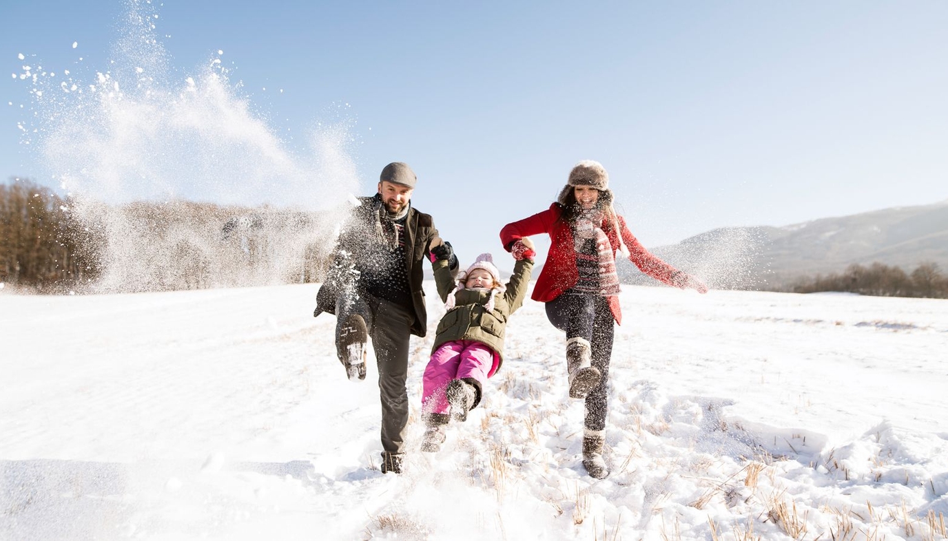 family playing in the snow