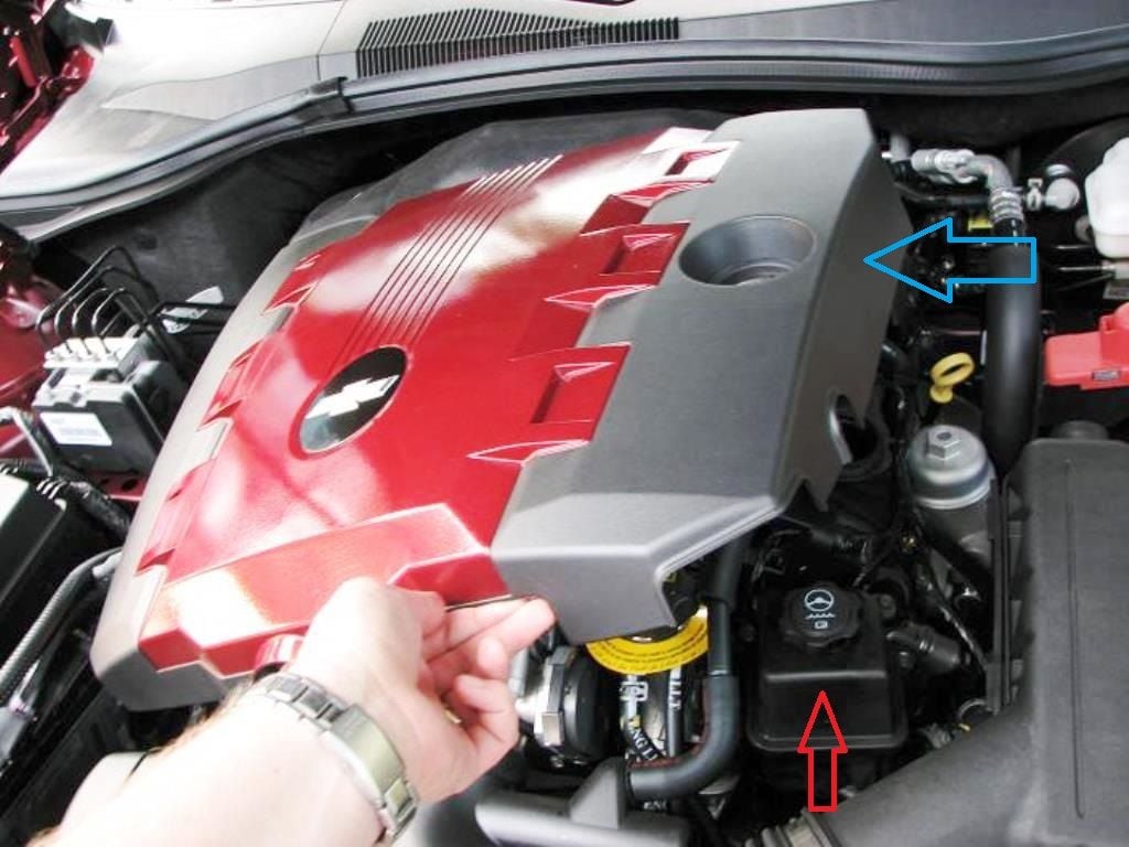 Remove the oil cap (blue arrow) and the engine cover lifts off revealing PS pump (red arrow)