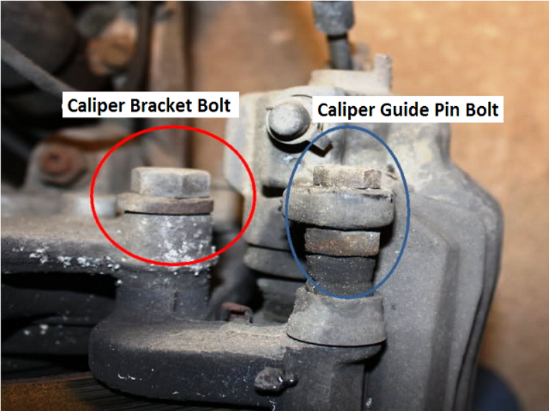 Remove the caliper bracket bolt (red) but don't touch the slider bolt