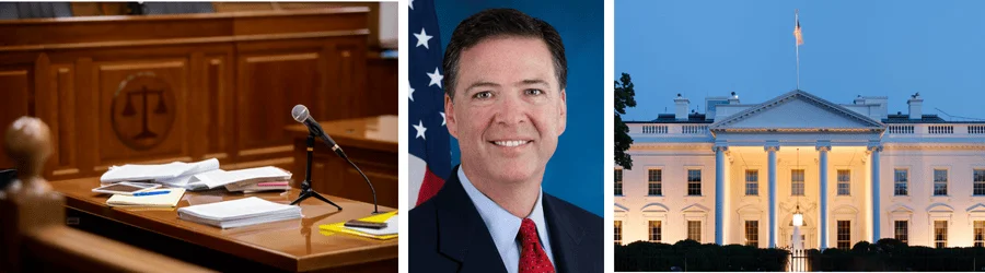 Your Legal Guide to the James Comey and Letitia James Cases A banner image showing former FBI director James Comey