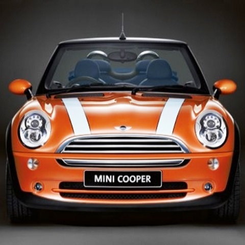 orange mini with white bonnet stripes