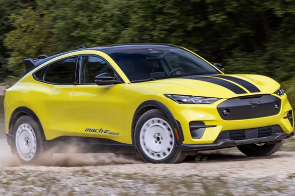 2024 Ford Mustang Mach-E Rally EV yellow color off-road front view