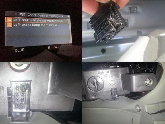 Left rear turn signal malfunction warning
Left brake light malfunction warning

Diagnosis: Lamp failure due to excessive load on weak ground melted through clip/housing

Resolution: Purchased socket from dealer for $10, replaced by cutting off old, connecting to new. Used www.realoem.com for part numbers and drawings