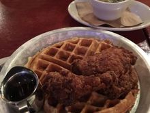 Chicken and Waffles with Honey and Creamed Collard Greens