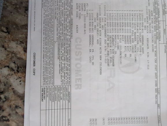 This was the invoice I received from my "good will repair".  I was charged 2700 for my portion, but the total bill exceeded 27k!  I feel that it was money well spent, cause I love my car!   