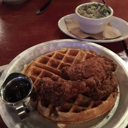 Chicken and Waffles with Honey and Creamed Collard Greens
