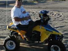 Owen (6 weeks) with Dad on the trusty 500.St. Anthony Dunes  '02