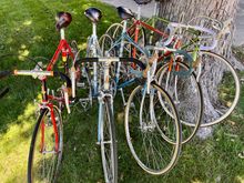 Family portrait of my Raleighs - '79 Team 753, '78 Pro, '74 Pro, '75 International, '74 Super Tourer