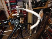 My choice of Benotto white tape is a carry over from the Race Across America days.  All of those bikes used a very built up bar, of one layer of protective tape, one layer of foam tape and then on thick layer of Benotto white.   
   This is only one layer of protective tape and two layers of Benotto for the outer layer.  