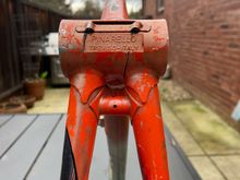 The frame was sold in 1990 with a Chorus group. The frame was used by Pinarello for several years in a variety of component configurations. The serial number and single set of bottle bosses suggest this frame was made early in the period these Trevisos were sold. I’m building it with a Victory group. 