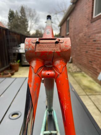 The frame was sold in 1990 with a Chorus group. The frame was used by Pinarello for several years in a variety of component configurations. The serial number and single set of bottle bosses suggest this frame was made early in the period these Trevisos were sold. I’m building it with a Victory group. 