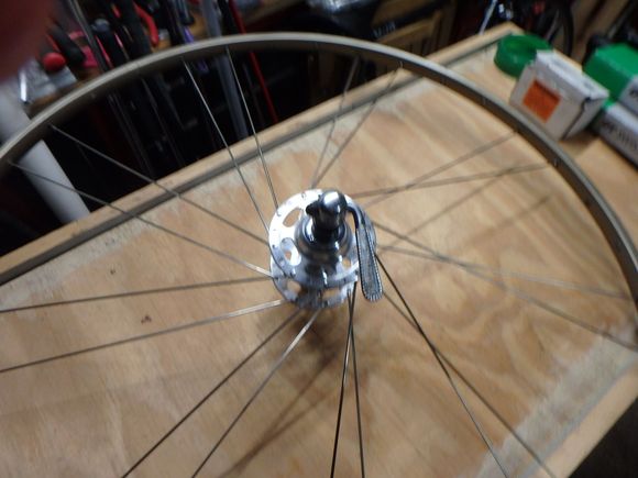 It should look like this when the spokes are in place.  Note the rotation of the wheel so that the hub is pulling the rim around it in a counterclockwise pattern.