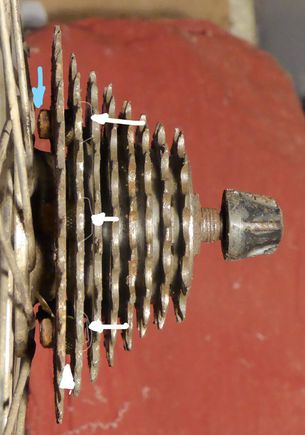Cassette installed with spacer against hub (not visible; see text)
Blue arrow:  Nut just clears spokes
White arrows: No visible protrusion of bolt heads (view is not quite close enough to perpendicular to prove this)
White arrowhead: valve-stem nut spacer.