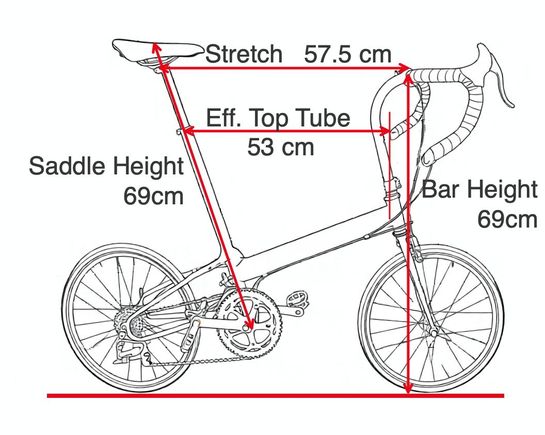 Dimensions: Stretch 57.5cm; Max Saddle height with 250mm seatpost: 69cm; Effective Top Tobe 53 cm; handlebar height 69cm