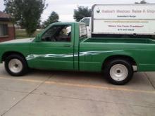 1991 S10 for graduation from my father, auto 4.3 v6 (amazingly fast) complete exhaust system, and catalyic converter(i think, only 2 mods were done), guy spray painted it and put on the decal.