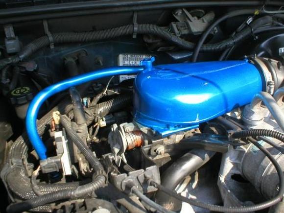 Throttle body cover and air tube, Painted anodized blue.