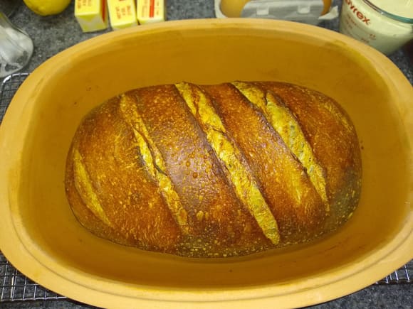 Sourdough bread made in my new Römertopf after mild complaints that the round loaf made in the tagine is hard to slice and toast.