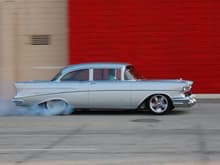 57 Chevy Burnout.  For the real burnout action, check out the videos on my site: RevRods.com