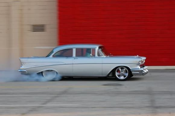 57 Chevy Burnout.  For the real burnout action, check out the videos on my site: RevRods.com