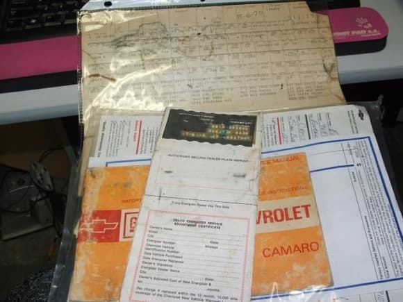 All the original paperwork. Warranty card, sales receipts, window stickers, delivery documents, build sheet, etc. Everything the original owner had, and turned over to me in 1973.