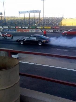 Burn out, I know not to burn street tires, but I had to. First time on a drag strip. I just had to.