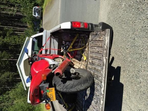 Had to lift my bike into the bed of this Dodge Diesel because my master link failed. ( I had help )