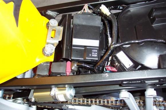 Routed the ECU to live on top of the battery.  Scrap the battery cover, you don't need it.  After this photo, I scrapped it.  It limits space, &amp; simply isn't necessary.  Note - the F4 battery is too tall for it anyway &amp; it won't close.  Additionally, w/o the cover, you can run the negative battery terminal right over the top of the battery &amp; connect it w/o having to do any drilling in the battery tray.