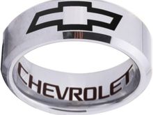 Silver beveled Chevrolet tungsten ring available is sizes 4 - 17 at www.CustomRings.org