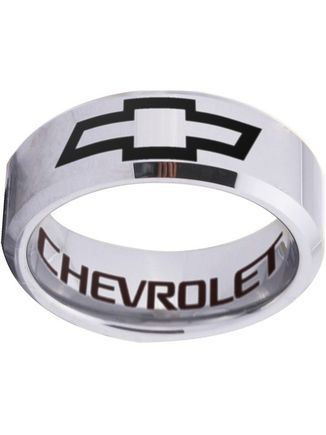 Silver beveled Chevrolet tungsten ring available is sizes 4 - 17 at www.CustomRings.org