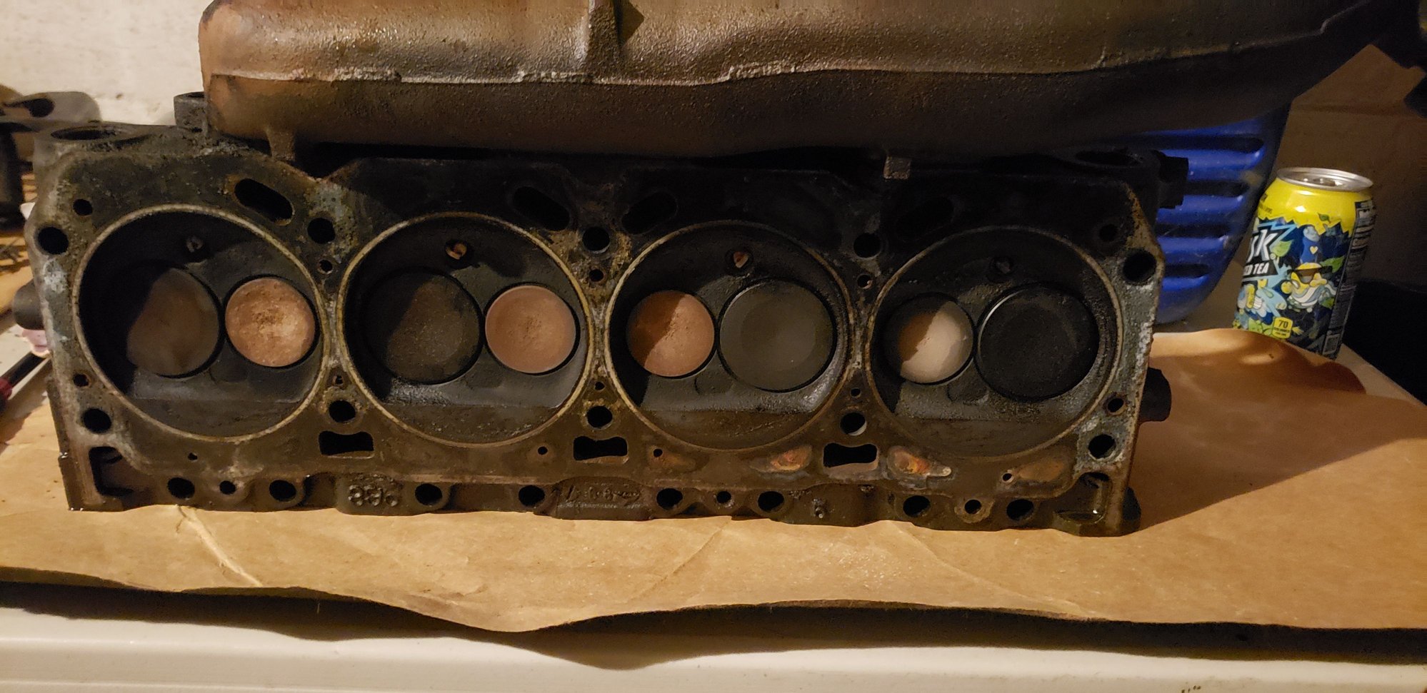 Hi so here I'll put these up again for reference. So you can see both the exhaust and intake valves on the affected cylinder are very different in color than all the rest. Even the valves on the other head look like these left three. I haven't preformed the leak test yet. I got covid for the first time.