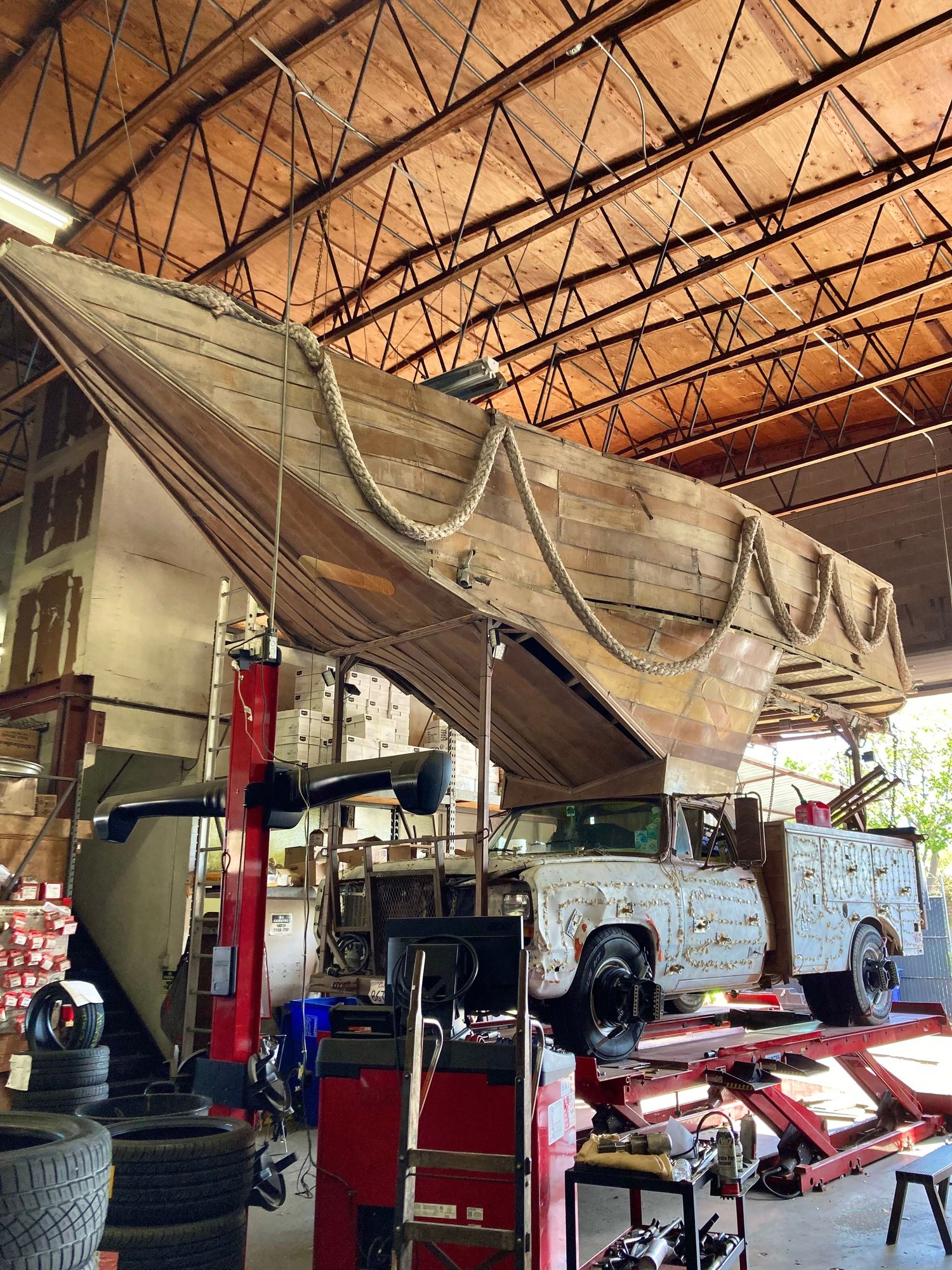 The only alignment shop in Northern California that can accommodate us. Vehicle weighs 11650lbs in road trim (no sound system, no inverter/batteries), toolbox full of spares: pwr strng, fuel, and water pumps; alt; all hoses, gasket kit, u-joints, mstr cyl. Body odd flat white rattle can (continuous touch up) and covered with over 3000 submersible WS2812 individuals addressable RGB LEDs