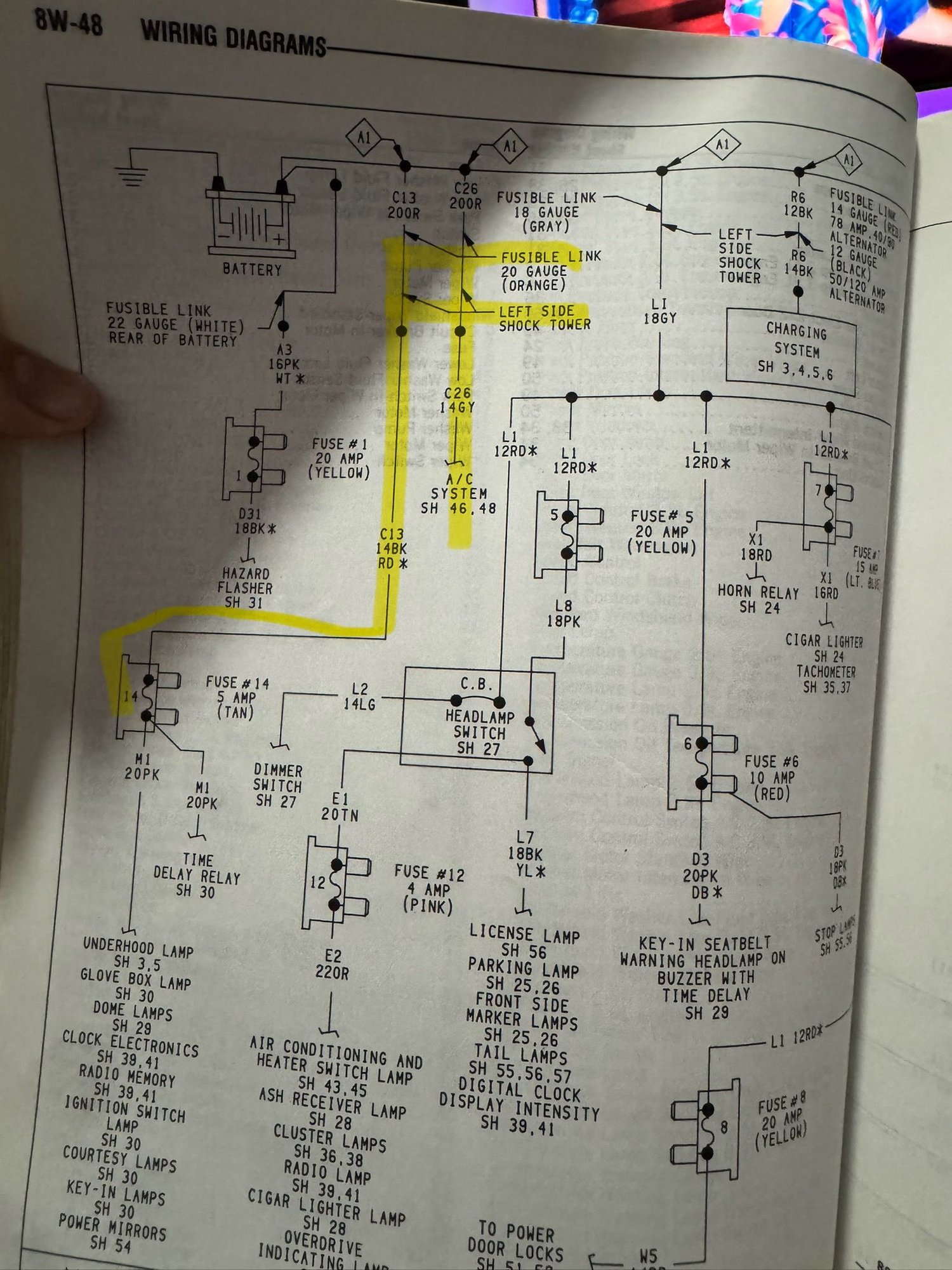 Highlighted fuse has no power to it. Traced that wire by fusible links and the black/red has power. 
